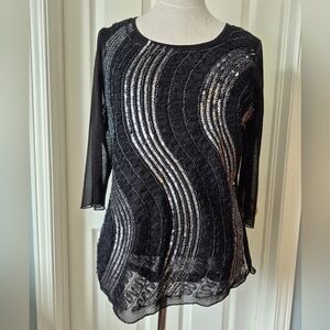 Black and Silver Sequin Blouse with 3/4 Sleeves